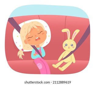 Cute Kid Sleeping During Roadtrip Vector Illustration. Cartoon Girl Lying On Pillow In Backseat Inside Car, Fastened With Seat Belt, Baby And Toy Travel On Carseat Together. Safe Journey Concept