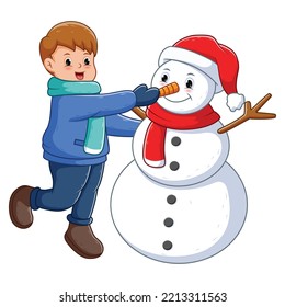 Cute Kid With Snowman in Winter. Vector Cartoon Illustration