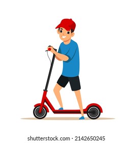 Cute kid standing with electric scooter vector illustration. Cartoon happy boy playing on street, young rider character with eco vehicle for summer city ride isolated on white. Mobility, sport concept