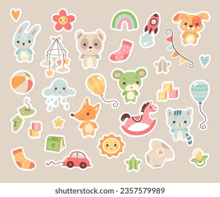 Cute kid sticker, newborn baby shower badge, child toy, clothes and decorative party accessories set. Funny doodle apparel, rattle, building blocks, balloon, animal puppet vector illustration