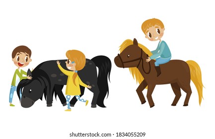 Cute Kid Stroking and Riding Horse Vector Set