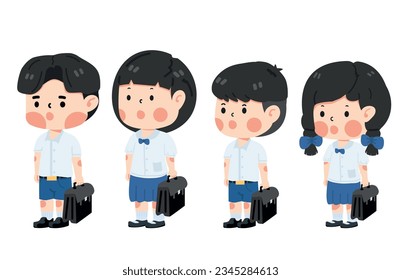 Cute kid student  holding  bag education set