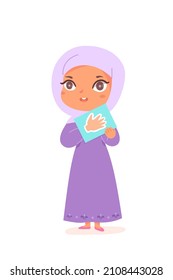 Cute kid studying human body in anatomy lesson on vector illustration. Cartoon muslim girl in hijab holding paper card with hand to touch and play with toys, fun education game isolated on white