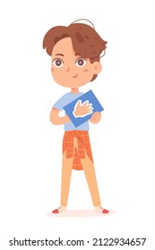 Un chico lindo estudiando cuerpo humano en una lección de anatomía sobre ilustración vectorial. Niño caricaturista sosteniendo una tarjeta de papel con la mano para tocar y jugar con juguetes, juego educativo divertido aislado en blanco