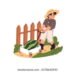 Cute kid in summer hat pulls wheelbarrow with heavy watermelon. Happy little boy gardener carries cart with harvest. Baby farmer gardening, works on farm. Flat isolated vector illustration on white