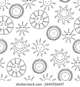 Cute Kid Sun Face Seamless Pattern. Summer Sunshine Background. Doodle Vector Wallpaper