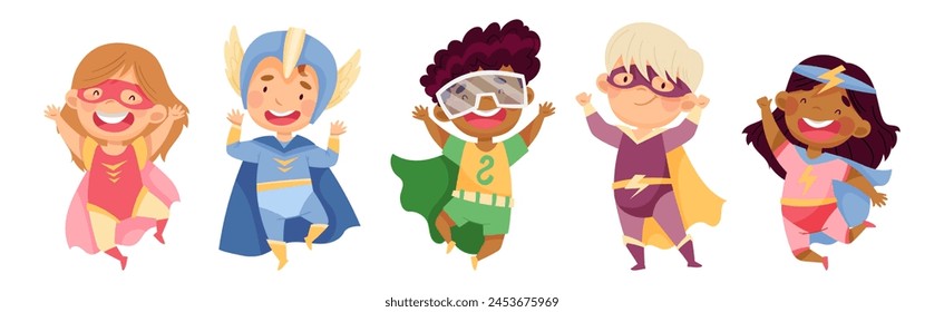 Cute Kid Superhero in Costume Have Super Power Vector Set