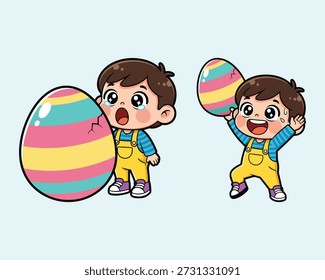 Niño lindo sorprendido por el huevo de Pascua grande y el niño feliz que sostiene el Vector del huevo