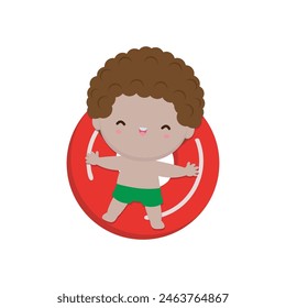 Cute kid in Swimsuit Floating on Rubber Ring on inflatable in top view, Swimming Pool party, cartoon character flat style vector illustration on white background