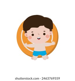 Cute kid in Swimsuit Floating on Rubber Ring on inflatable in top view, Swimming Pool party, cartoon character flat style vector illustration on white background