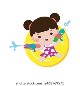 Cute kid in Swimsuit Floating on Rubber Ring on inflatable in top view, Swimming Pool party, cartoon character flat style vector illustration on white background