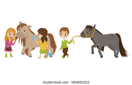 Cute Kid Taking Care of Their Horses Washing with Sponge and Walking with It Vector Set