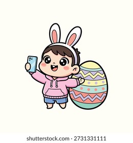 Lindo niño tomando selfie con gran huevo de Pascua Kawaii Ilustración vectorial
