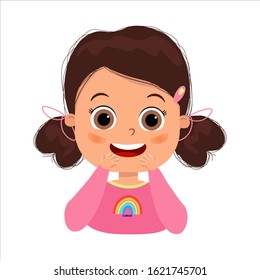 Cute kid teen show facial expression vector illustration. Expression of amazement wonder. Cute girl with big eyes is smiling with joyful expression of face. Vector illustration on a white background