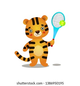 Cute kid tiger play court tennis with wood racket