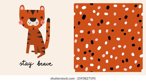 Cute kid tiger seamless pattern animal safari abstract minimalistic simple background wallpaper scandinavian polka dot illustration. 