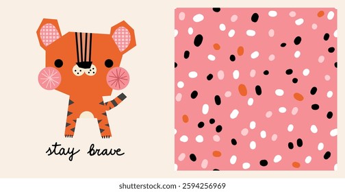 Cute kid tiger seamless pattern animal safari abstract minimalistic simple background wallpaper scandinavian polka dot illustration. 