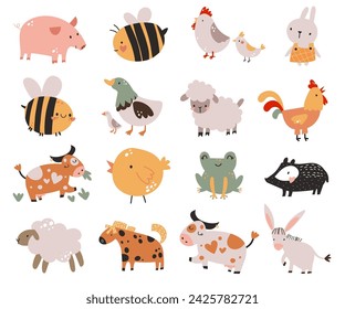 Cute kid toddler farm animals, birds, frog, sheep agriculture rooster collection nursery kid cartoon rabbit bunny horse educational stickers, poster.