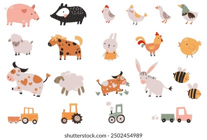 Cute kid toddler farm animals, machines, cars, tractors. birds, frog, sheep agriculture rooster collection nursery kid cartoon rabbit bunny horse educational stickers, poster.