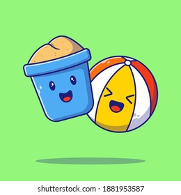Cute kid toys sand bucket and beach ball mascot. Summer toys icon concept illustration. Flat kawaii cartoon vector illustration isolated.
