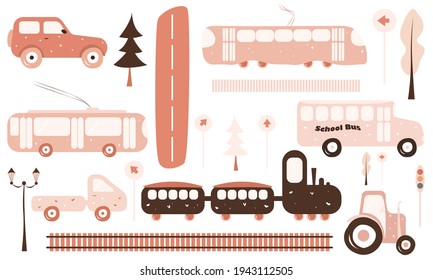 Cute kid transport in pastel colors. Tram, car, tractor, train with cars, truck, road signs, trees, street lamp, traffic light, rails. Vector illustration