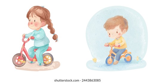 cute kid with tricycle watercolor vector illustration 