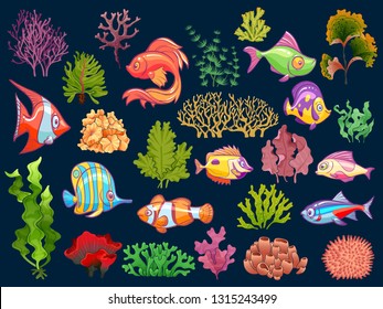 Cute kid underwater set. Aquarium baby fish and seaweed in water for children isolated vector collection on dark background