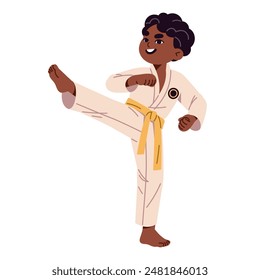 Lindo niño en el entrenamiento uniforme de técnicas de karate, patadas. Niño negro aprendiendo judo, practica kung fu. Niño feliz hace deporte, arte marcial oriental. Ilustración vectorial plana aislada sobre fondo blanco