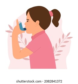 Cute Kid Uses An Asthma Inhaler Against Attack. World Asthma Day. Allergy,Bronchial Asthma. Vector  Illustration