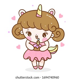 Cute Kid vector wear Unicorn cartoon fancy pony child Cupcake Birthday party, Kawaii lovely character design: Series Girly doodles (Fairytale animal). Magic Pastel color perfect Nursery Wall children.