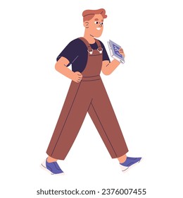 Cute kid walk, carrying book, hold textbook in hand. Children back to school. Determined boy in jumpsuit go to aim, goal. Aspiration of success in education. Flat isolated vector illustration on white