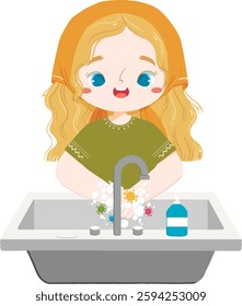 Cute kid washes her hands