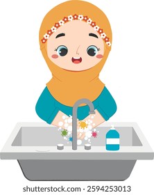 Cute kid washes her hands