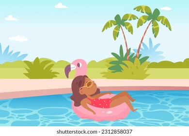 Cute kid in water of swimming pool vector illustration. Cartoon tropical landscape with outdoor vacation scene, girl in sunglasses and swimsuit floating on inflatable flamingo mattress and sunbathing