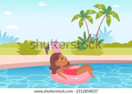 Cute kid in water of swimming pool vector illustration. Cartoon tropical landscape with outdoor vacation scene, girl in sunglasses and swimsuit floating on inflatable flamingo mattress and sunbathing