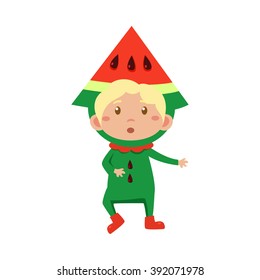 Cute Kid In Watermelon Costume. Vector Illustration