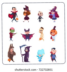 Cute Kid Wear Bat Costume, Happy Halloween Banner Party Celebration Flat Vector Illustration