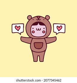 Cute kid wear bear costume with love message illustration. Vector graphics for t-shirt prints and other uses.