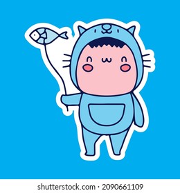 Cute kid wear cat costume and holding fish balloon cartoon doodle. illustration for t shirt, poster, logo, sticker, or apparel merchandise.