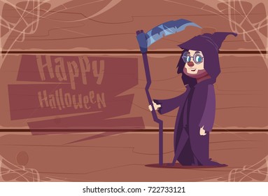 Cute Kid Wear Death Costume, Happy Halloween Banner Party Celebration Flat Vector Illustration