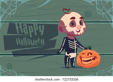 Cute Kid Wear Skull Costume, Happy Halloween Banner Party Celebration Flat Vector Illustration