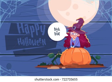 Cute Kid Wear Witch Costume Sit On Pumpkin, Happy Halloween Banner Party Celebration Concept Flat Vector Illustration