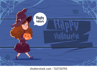 Cute Kid Wear Witch Costume, Happy Halloween Banner Party Celebration Concept Flat Vector Illustration