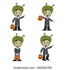 Cute Kid Wearing Alien Costume for Halloween Vector Illustration