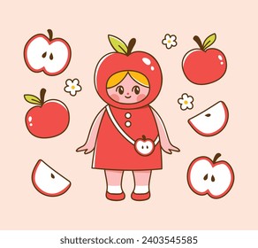 Cute kid wearing an apple costume. Vector illustration of adorable fruit mascot and apples around. Hand drawn elements in trendy cartoon style.