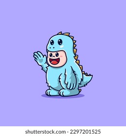 cute kid wearing blue monster costume trex dinosaur cartoon