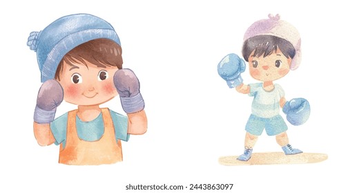 cute kid wearing boxing watercolor vector illustration 