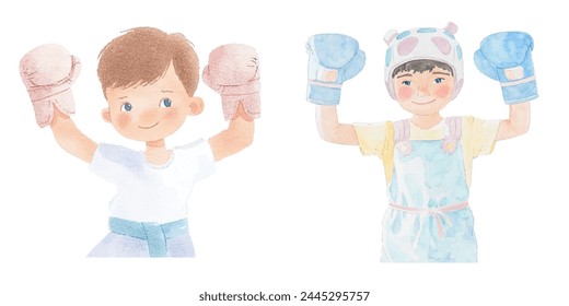 cute kid wearing boxing watercolor vector illustration