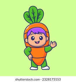 Cute Kid Wearing Carrot Costume Cartoon Vector Icon Illustration. People Food Icon Concept Isolated Premium Vector. Flat Cartoon Style