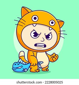 cute kid wearing a cat costume and carrying a fish